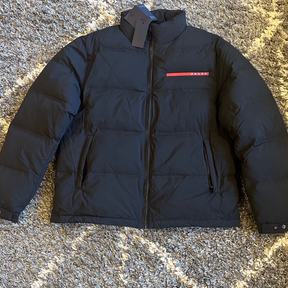 Men’s Prada Black Puffer Jacket with Red Accent